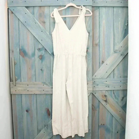 Khaki 100% Linen Cropped Jumpsuit Tan Romper Size Small Anthropologie - Picture 8 of 9